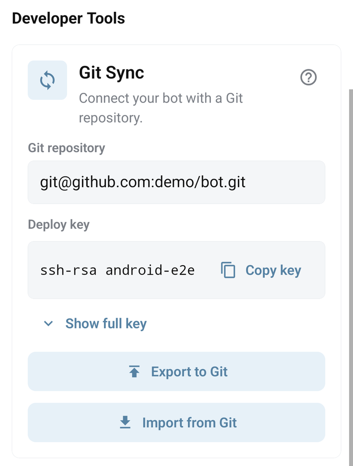Git Sync screen with repository settings and import and export actions