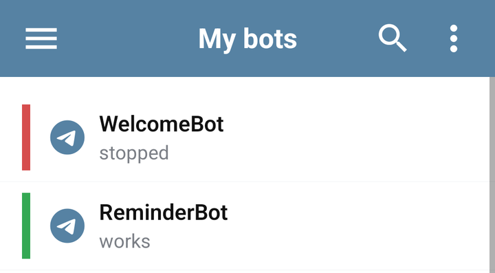 My bots on Android, showing two demonstration bots and their statuses